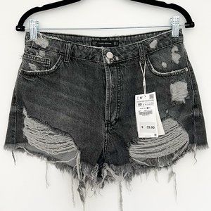 Zara Distressed High Waisted Shorts in Dark Grey Denim